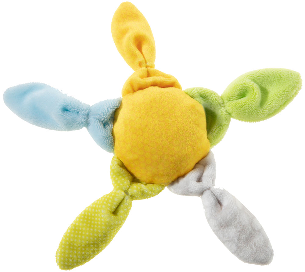 Bunter Baby-Greifling aus weichem Stoff Baby-Greifling in Form eines fünfzackigen Sterns mit bunten Stoffspitzen in Gelb, Blau, Grün und Grau