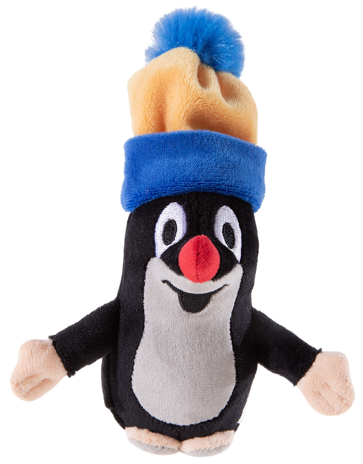 Plüschfigur eines kleinen Maulwurfs mit Mütze Kleine Plüschfigur eines Maulwurfs mit orangener und blauer Mütze und roter Nase