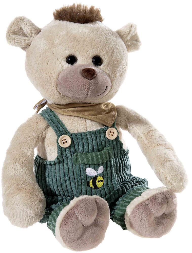 Kuscheliger Teddybär mit grüner Latzhose und Bienenstickerei Plüsch-Teddybär in grüner Cord-Latzhose mit Bienenmotiv sitzt fröhlich da.