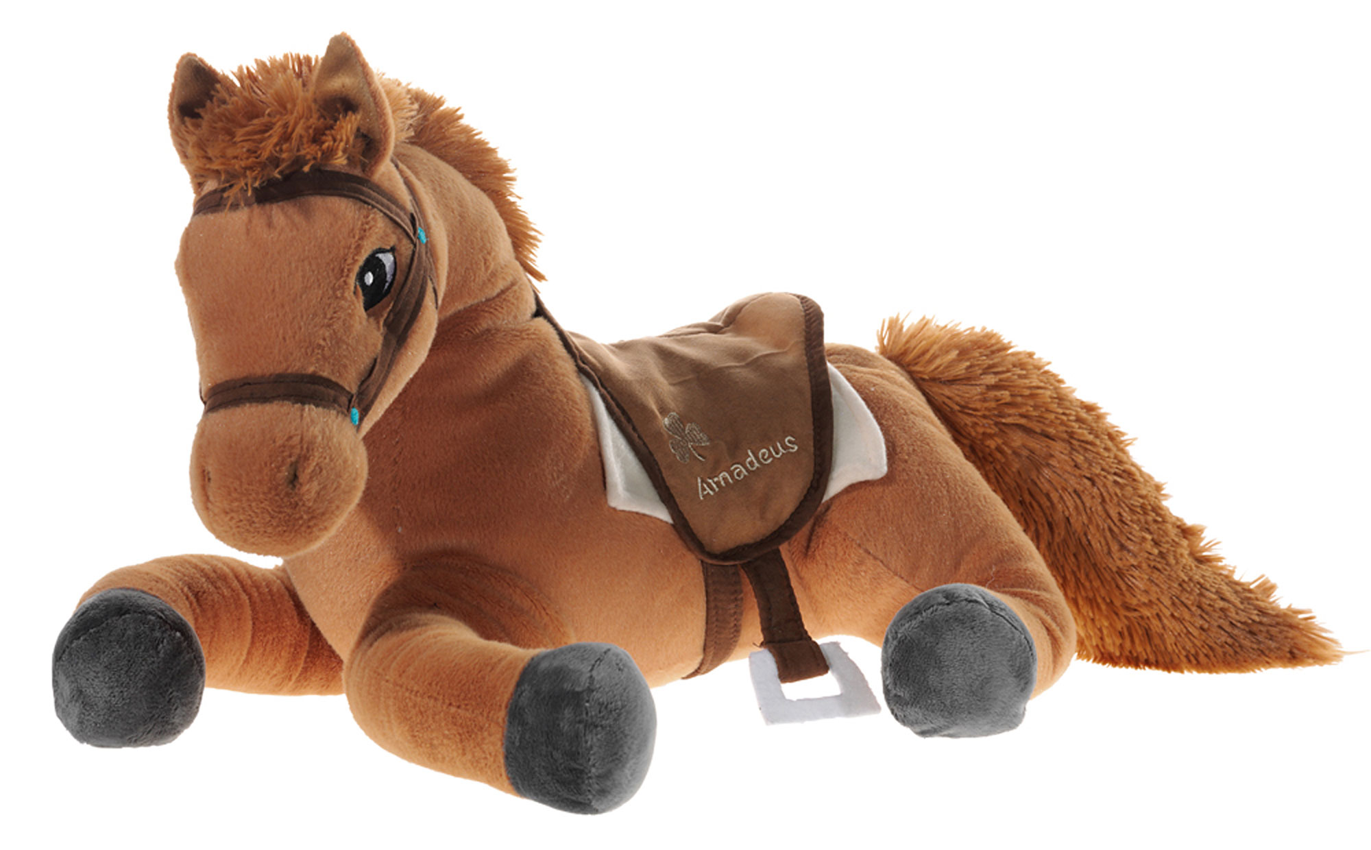 Plüschpferd Amadeus mit Sattel - Kuscheltier für Kinder Weiches Plüschpferd Amadeus in Braun mit Sattel, ideal zum Kuscheln und Spielen