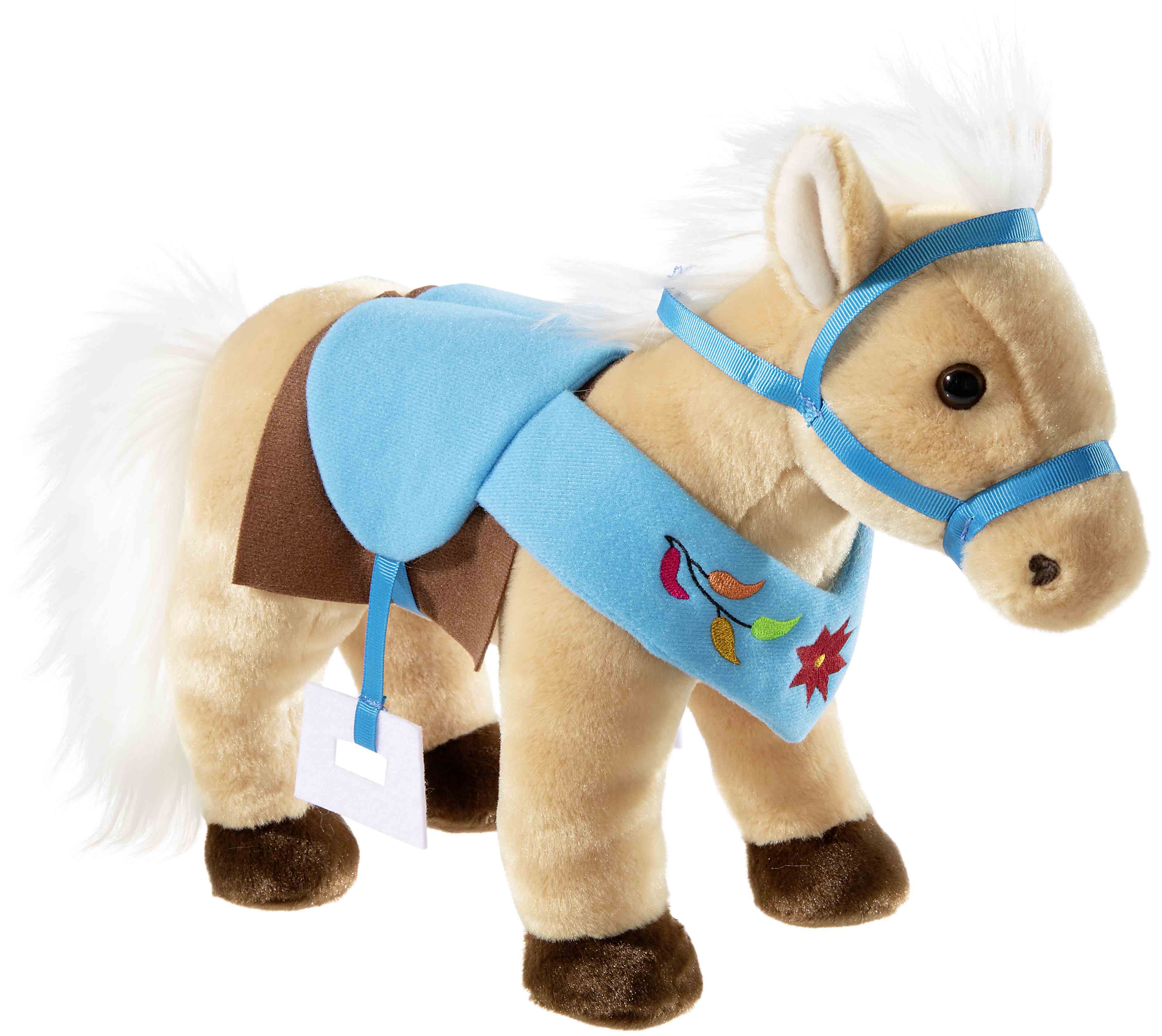 Plüschpferd mit blauer Decke und Halfter Kuscheliges Plüschpferd mit blauer Decke und Halfter, ideal zum Spielen und Kuscheln.