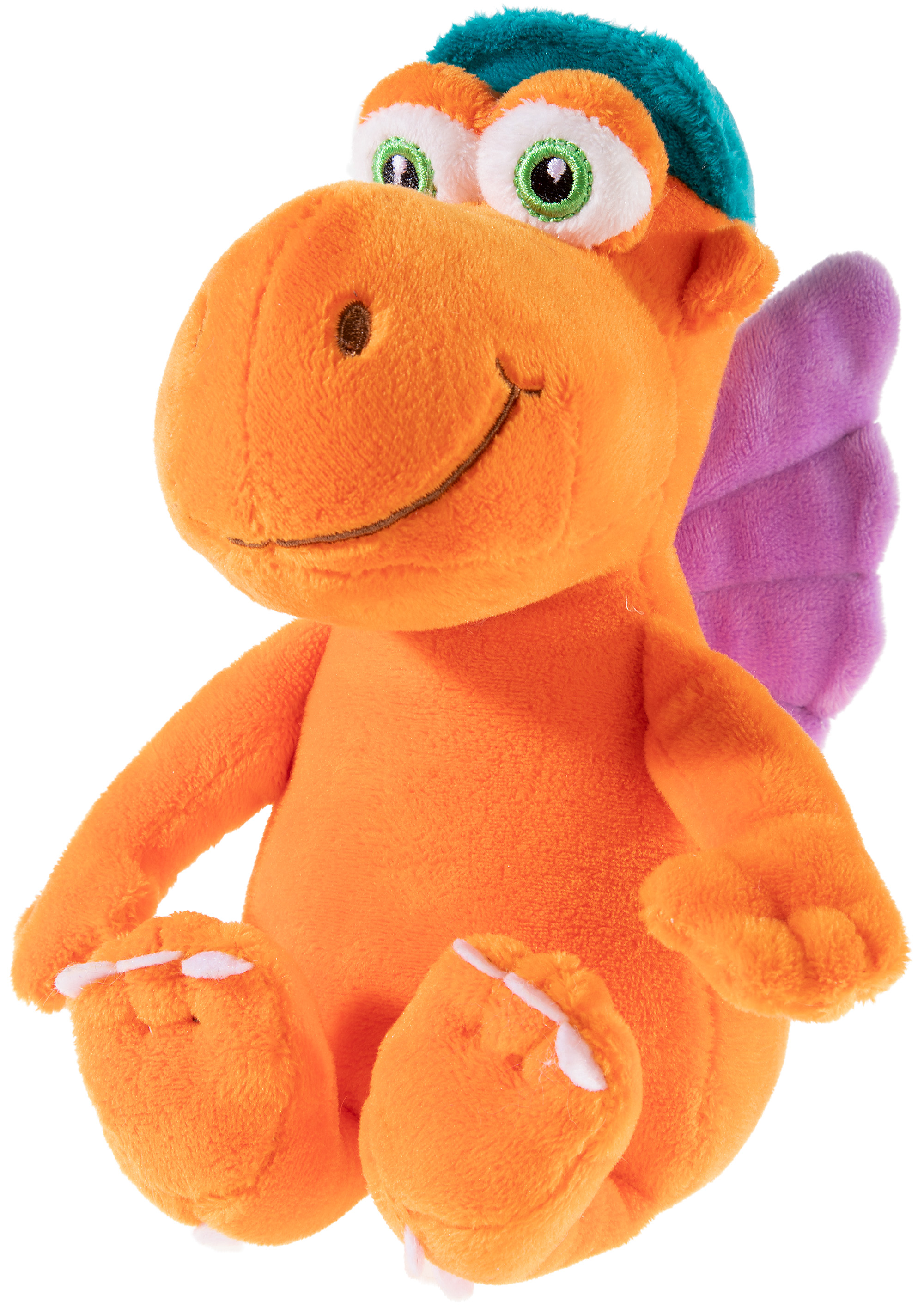 Niedlicher Plüschdrache aus recyceltem Material mit Global Recycled Standard Orangefarbener Plüschdrache mit Flügeln und Mütze, hergestellt aus recyceltem Material, zertifiziert nach Global Recycled Standard