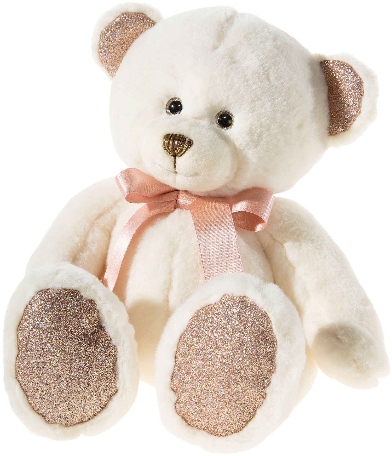 Heunec Pearlie Bär Creamie in 23cm mit rosé Schleife am Hals und Glitzer-Ohren und -Pfoten