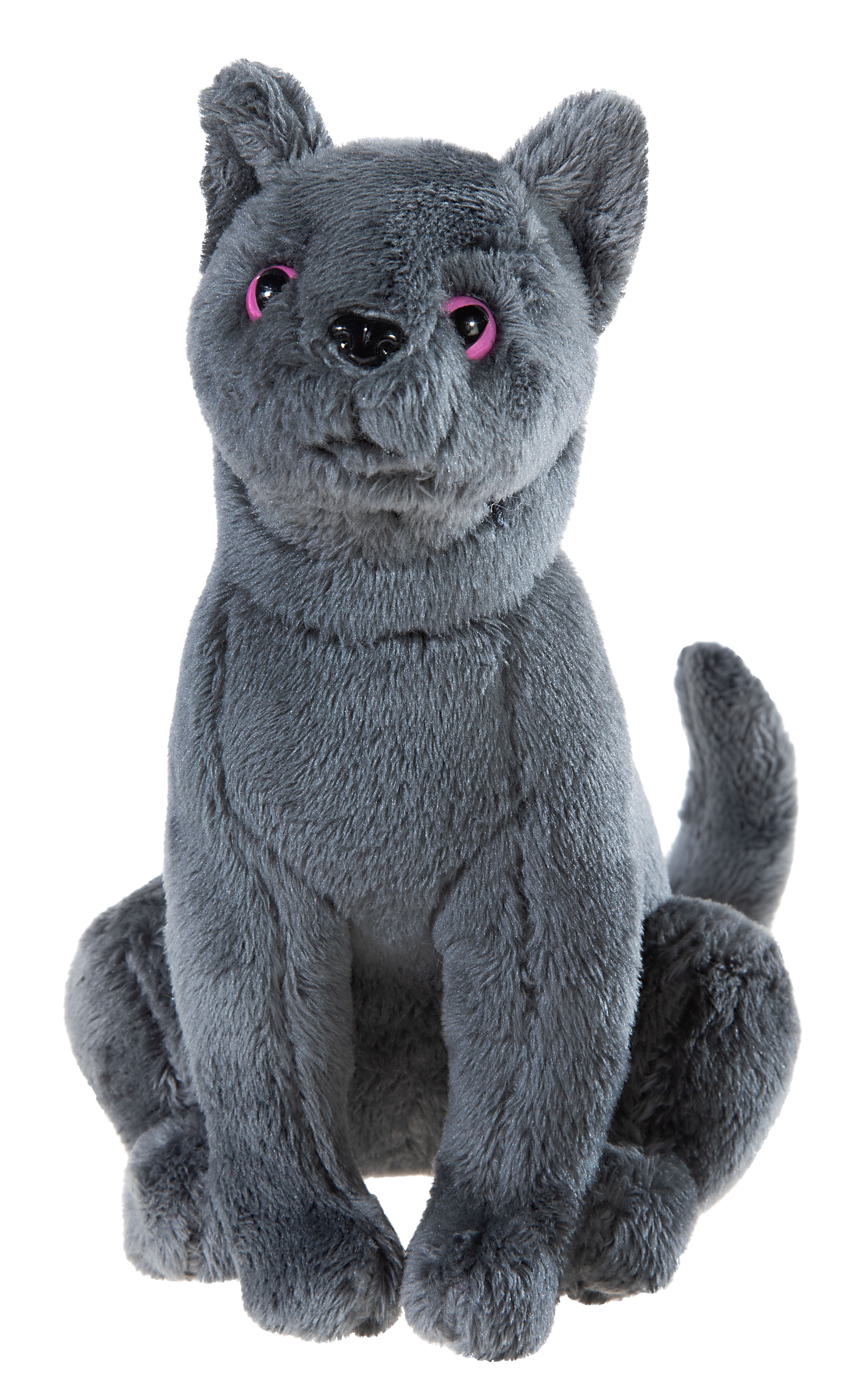 Weiches Plüschkatzen-Spielzeug in Grau mit pinken Augen Graues Plüschkatzen-Spielzeug mit pinken Augen, ideal zum Kuscheln und Spielen