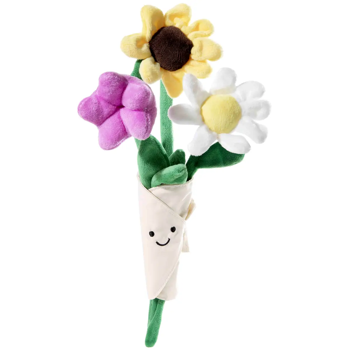 Plüsch-Blumenstrauß mit Sonnenblume, weißer und lilafarbener Blüte, 30 cm