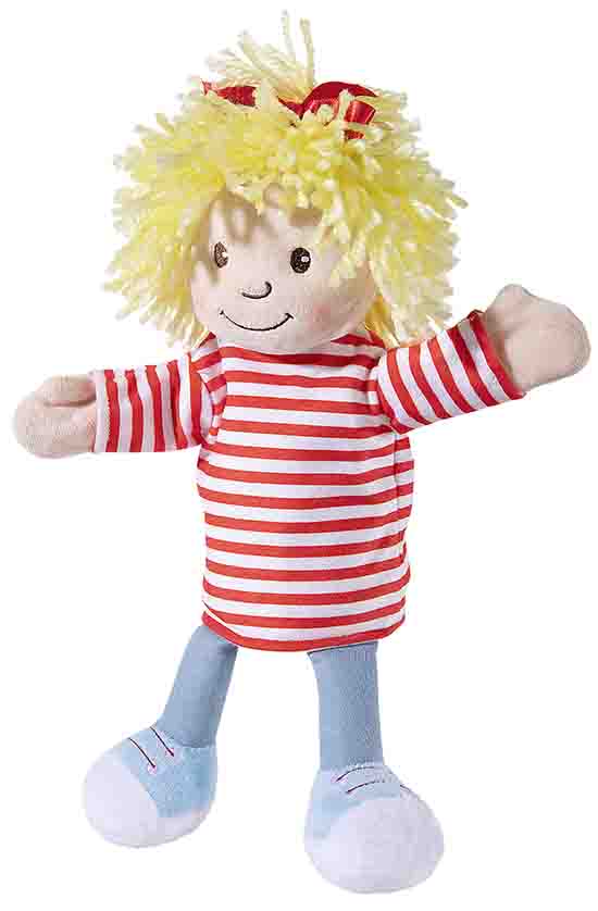 Wunderschöne weiche Stoffpuppe mit gestreiftem Kleid Weiche Stoffpuppe mit gelbem Haar, rotem Kleid mit Streifen und blauen Schuhen