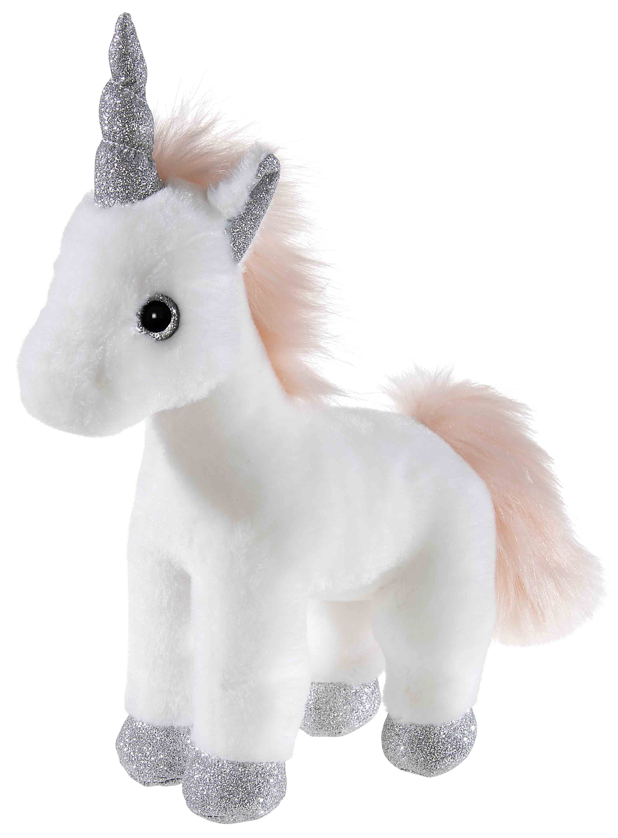 Ein bezauberndes Einhorn-Stofftier, weich und flauschig, mit glitzerndem silbernen Horn und rosa Mähne.