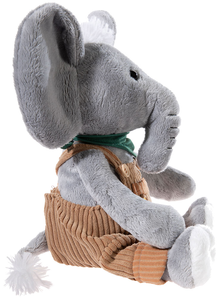 Plüsch Elefant mit Strickbekleidung Grauer Plüschelefant in sitzender Position mit einer braunen Strickhose und einem grünen Schal