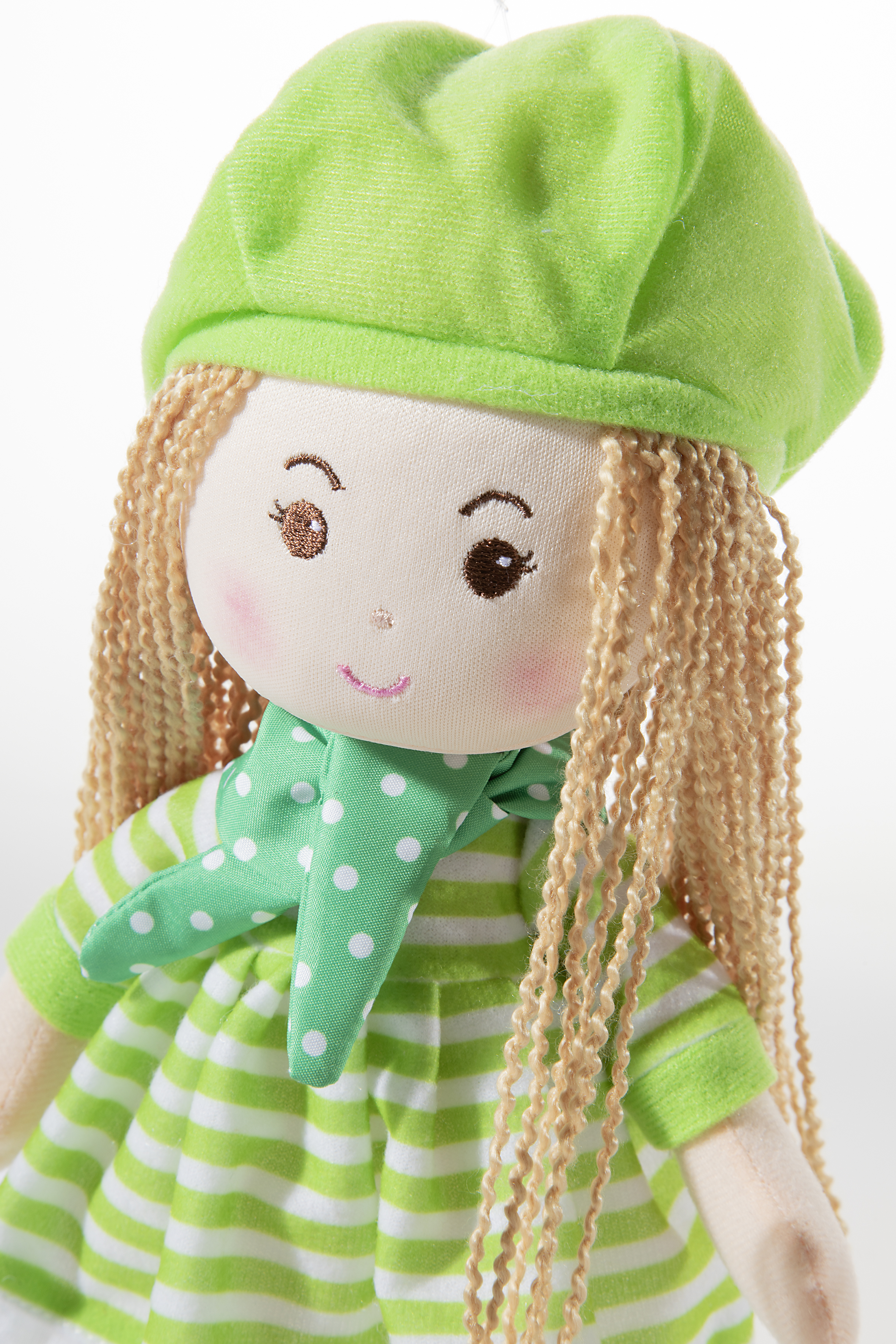 Heunec Poupetta Käferkind mit blonden Haaren, grüner Mütze und grün-weiß gestreiftem Kleidchen Kopf