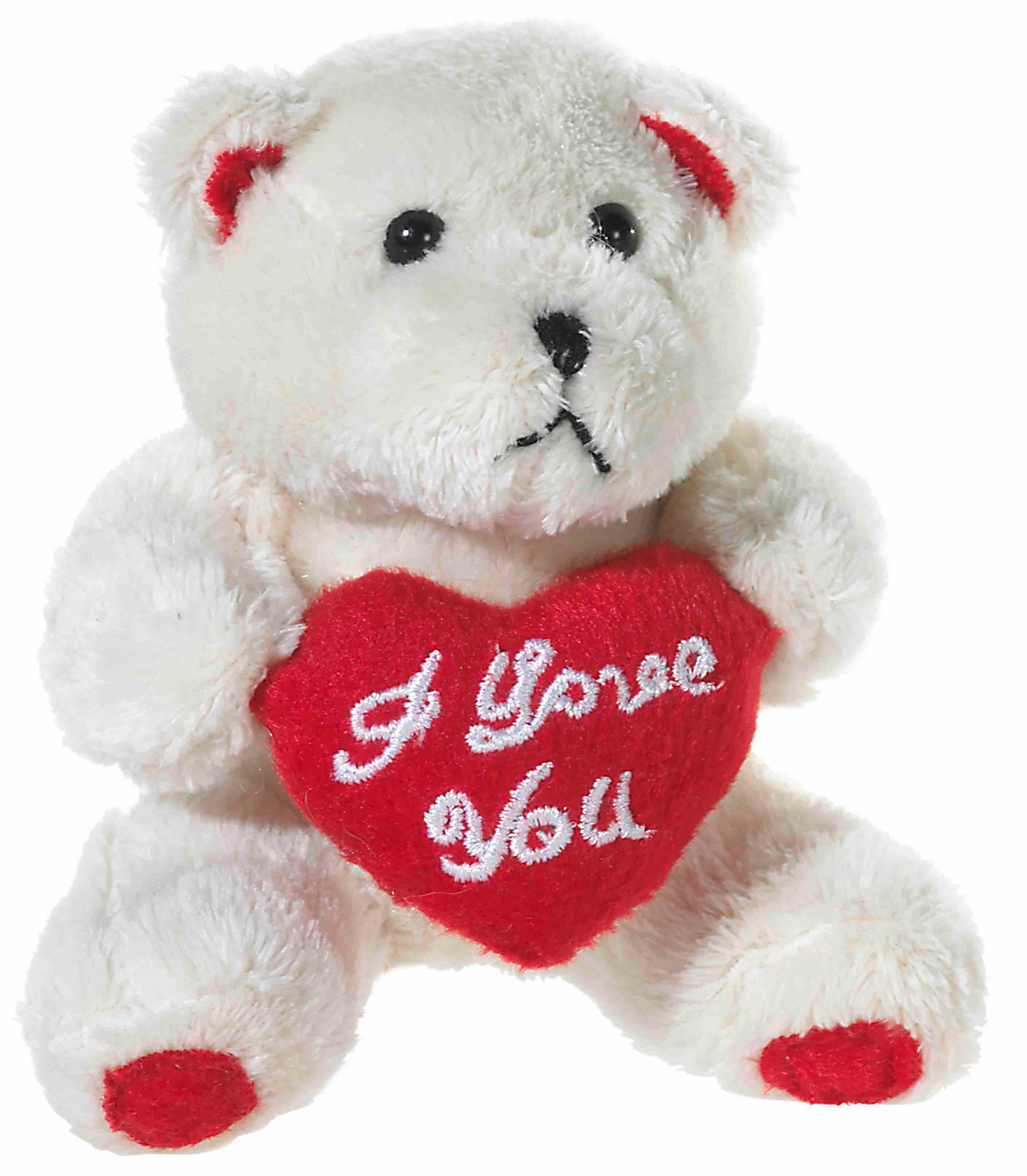 Plüschbär mit rotem Herz und 'I Love You'-Aufschrift Weißer Teddybär hält ein rotes Herz mit der Aufschrift 'I Love You'