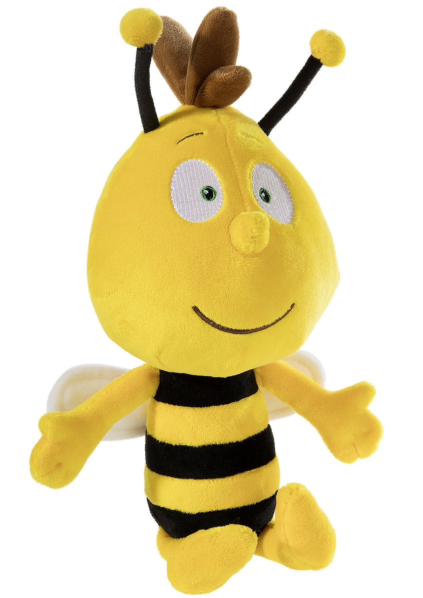 Kuschelige Bienenstoffpuppe mit gestickten Augen Stoffpuppe in Form einer Biene mit gelbem Körper und schwarzer Streifen, lächelndes Gesicht und gestickte Augen