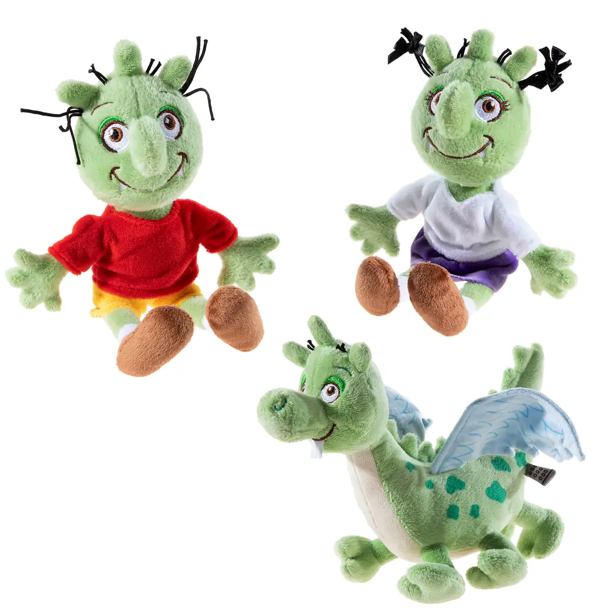 Plüsch Olchis als 3er Set bestehend aus: Messi - Das Müllmännchen, Motte - Das Müllmädchen, Feuerstuhl - der legendäre Drache