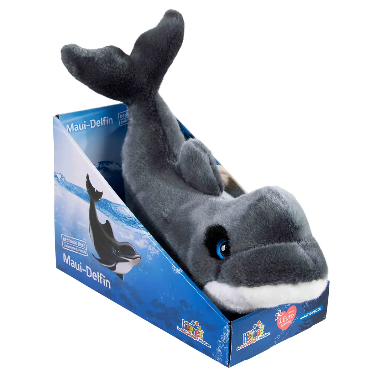 Graues Delfin-Plüschtier mit weißem Bauch und großen blauen Augen, freigestellt vor weißem Hintergrund. Der Delfin ist seitlich dargestellt und wirkt weich und kuschelig. - mit Display