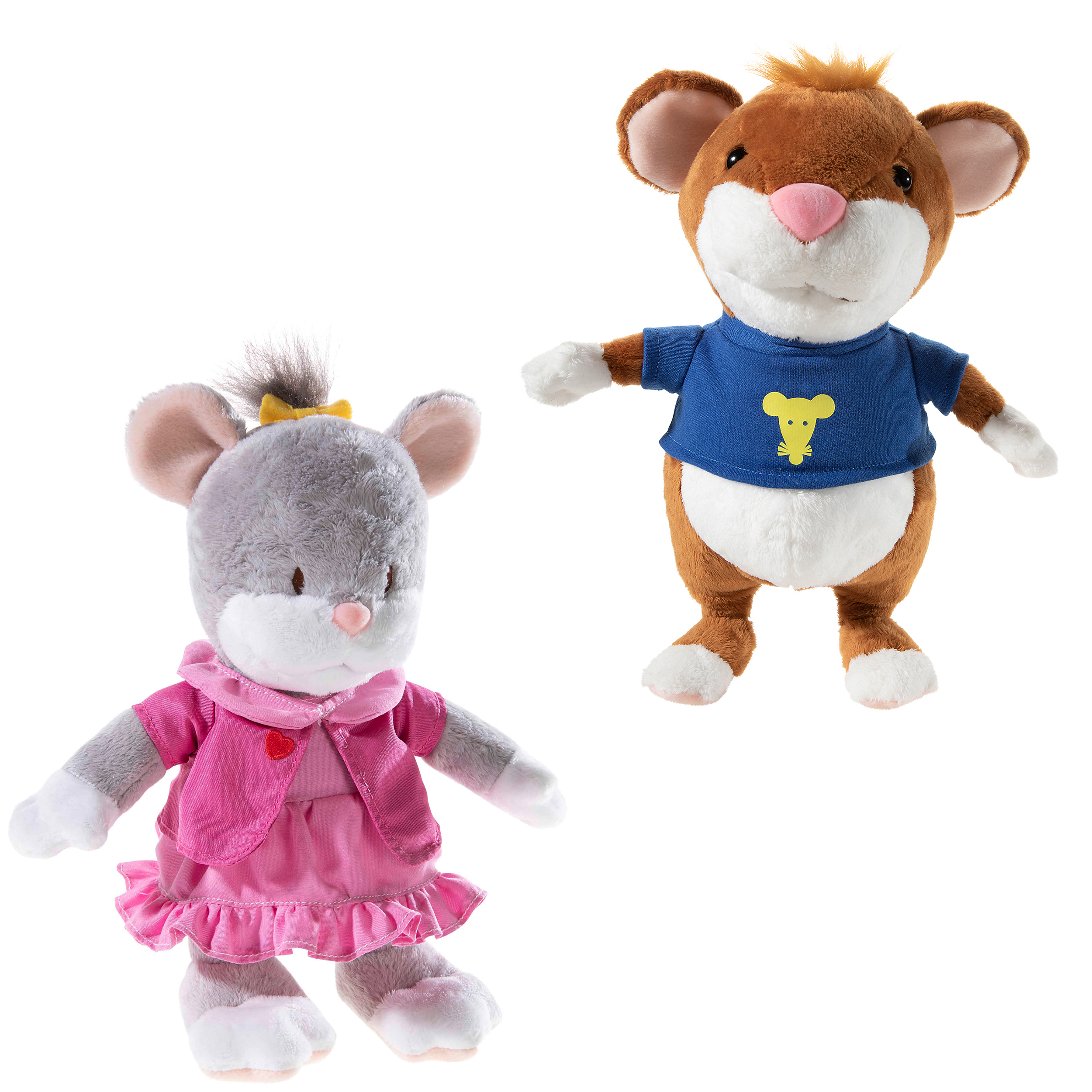 Plüschtiere im niedlichen Design für Kinder Zwei Plüschtiere, eine graue Maus im rosa Kleid und ein brauner Hamster im blauen T-Shirt