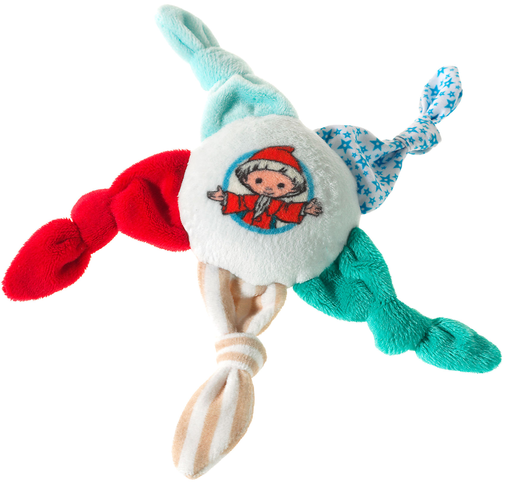 Buntes Kuscheltuch mit süßem Kinder-Motiv Ein kuscheliges, buntes Tuch mit rotem, blauem, grünem und beige-ohne Muster, verziert mit einem niedlichen Kindermotiv in der Mitte.