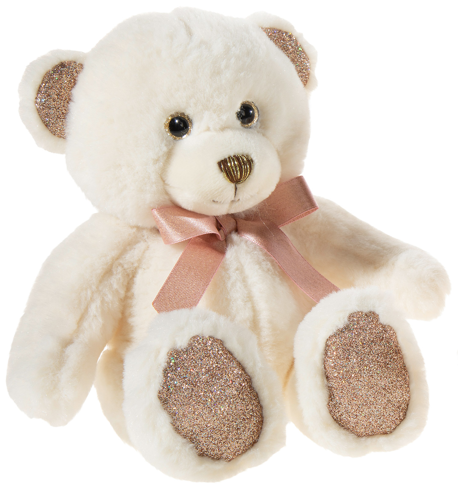 Weicher weißer Teddybär mit glitzernden Ohren und Pfoten, dekoriert mit einer rosa Schleife