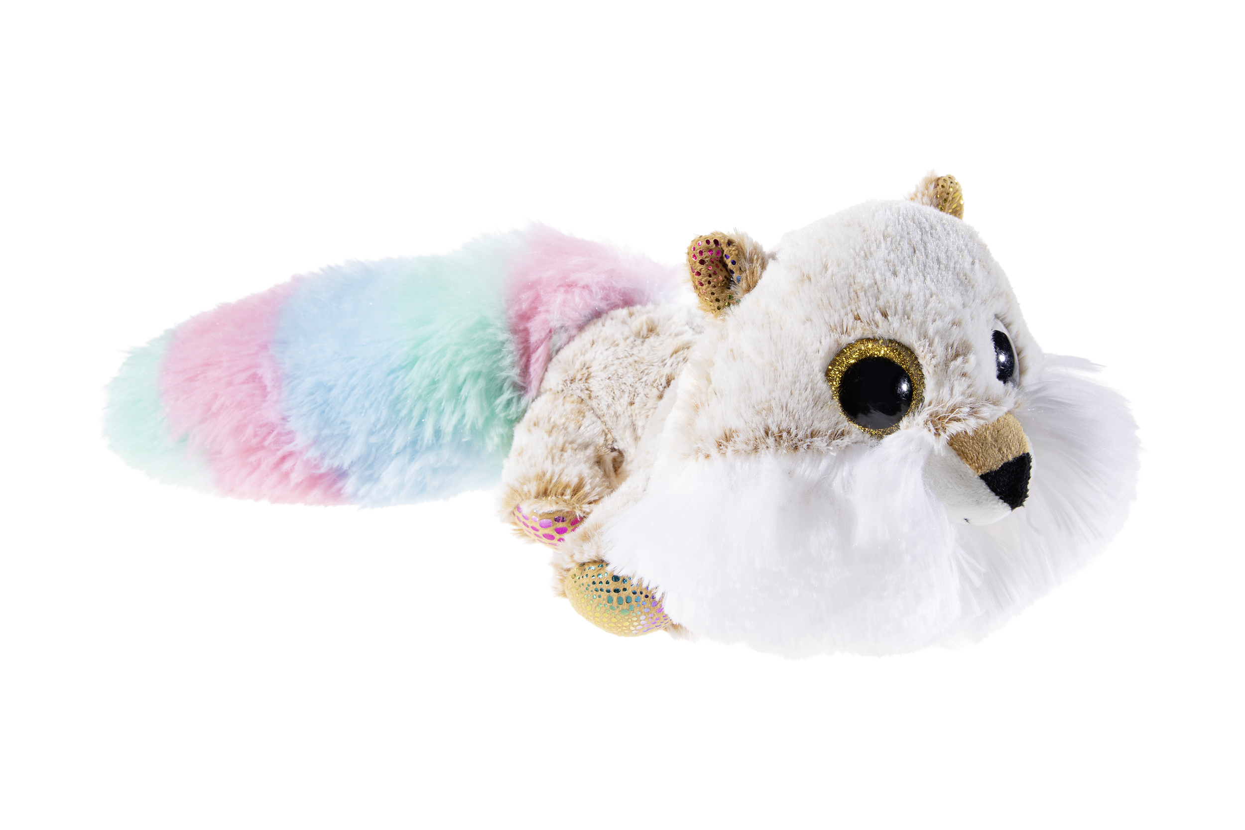 Weiches Plüsch-Eichhörnchen mit großen Augen und farbenfrohem Schwanz