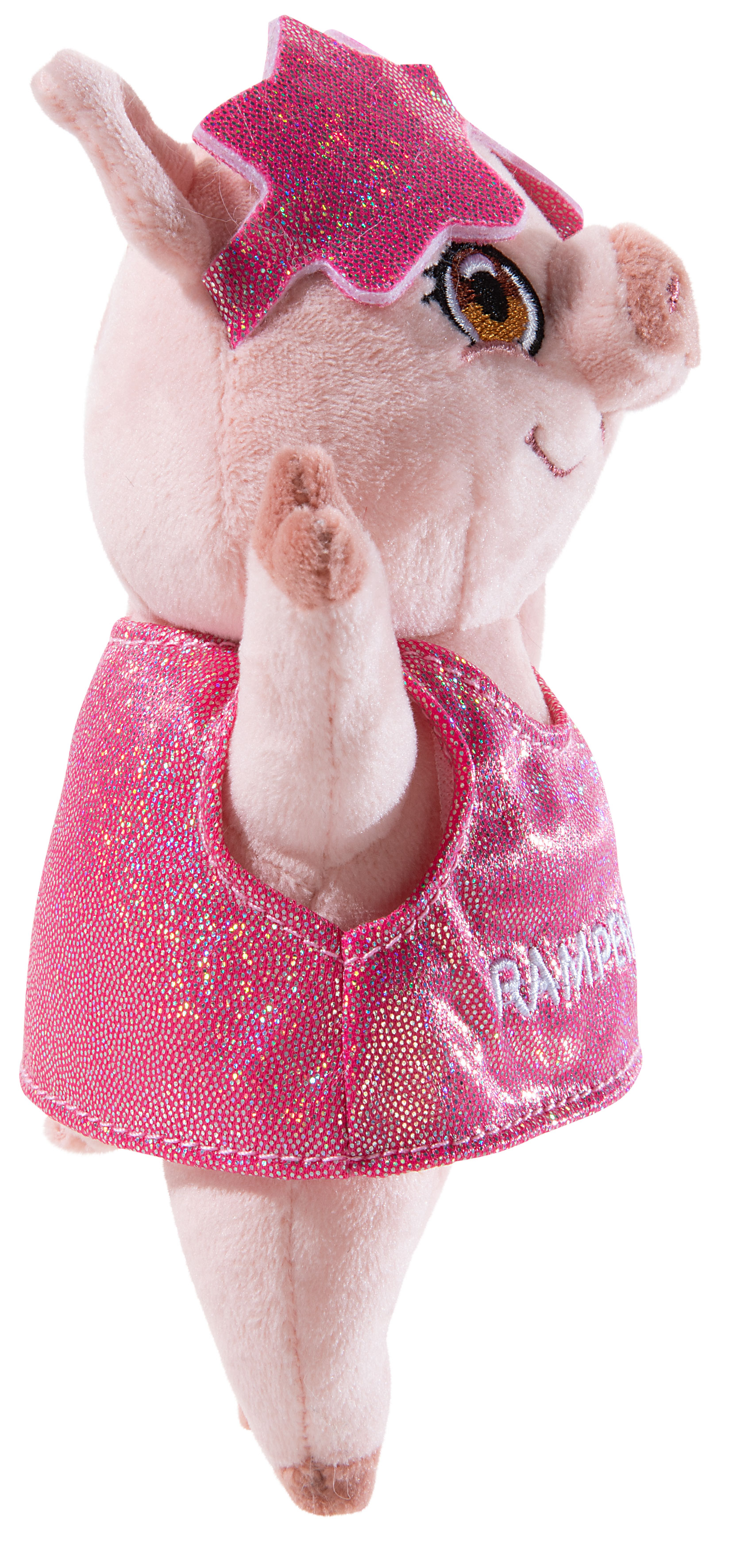Plüschschwein in pinkem glitzernden Outfit mit einem Stern auf dem Kopf