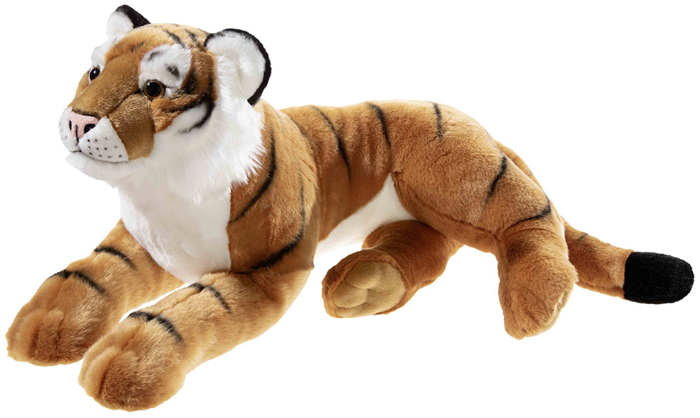 Weiches Tiger-Kuscheltier mit realistischen Streifen und liegender Pose