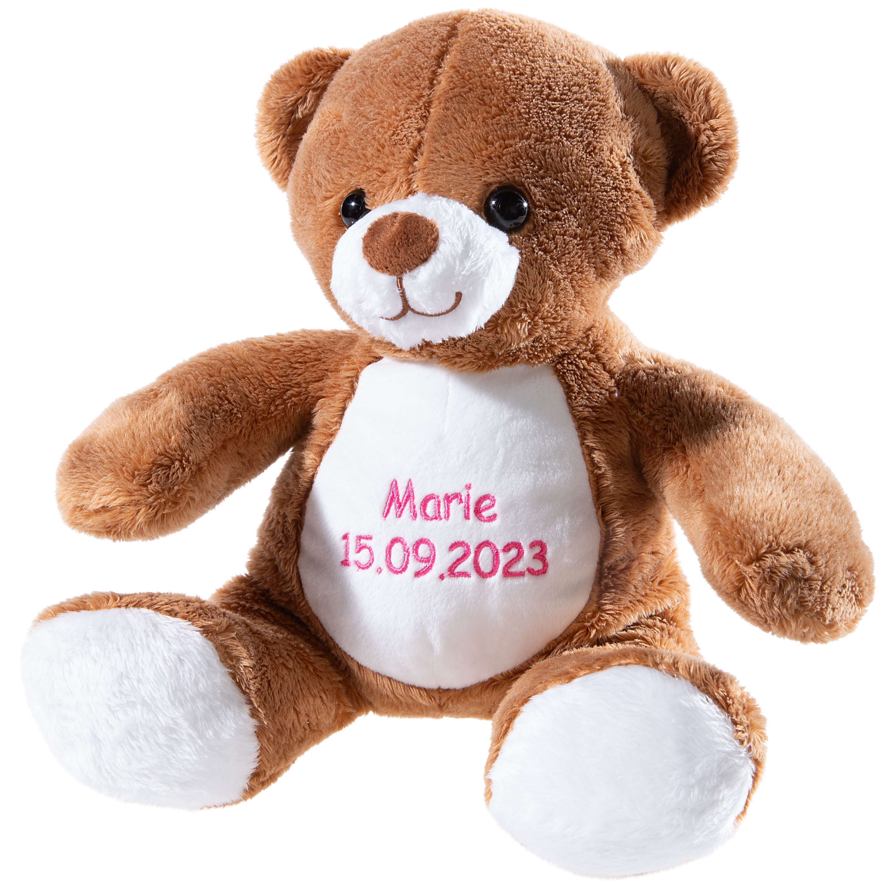 Plüschbär mit individueller Bestickung 25cm Plüschbär mit individueller Bestickung am Bauch in der Größe 25cm in braunem Plüschfell mit weißem bauch und Pfoten