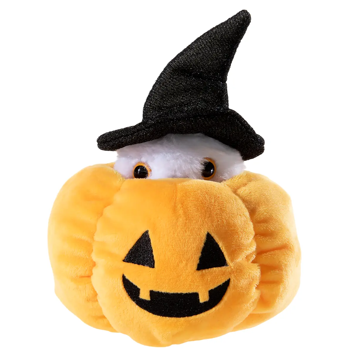 Halloween Plüscheule im Kürbis 16 cm von heunec – weiches Kuscheltier mit Schneeeule, Hexenhut, orangefarbenem Kürbis und liebevollen Details, ideal zum Kuscheln, Spielen und als Halloween-Dekoration. - versteckt