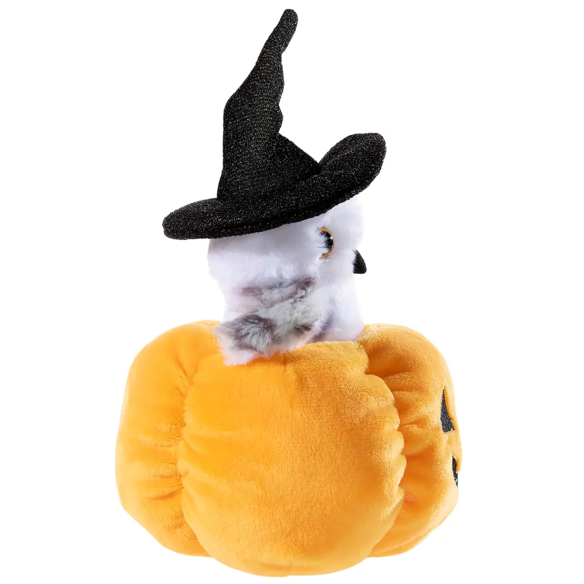 Halloween Plüscheule im Kürbis 16 cm von heunec – weiches Kuscheltier mit Schneeeule, Hexenhut, orangefarbenem Kürbis und liebevollen Details, ideal zum Kuscheln, Spielen und als Halloween-Dekoration. - Seitliche Ansicht