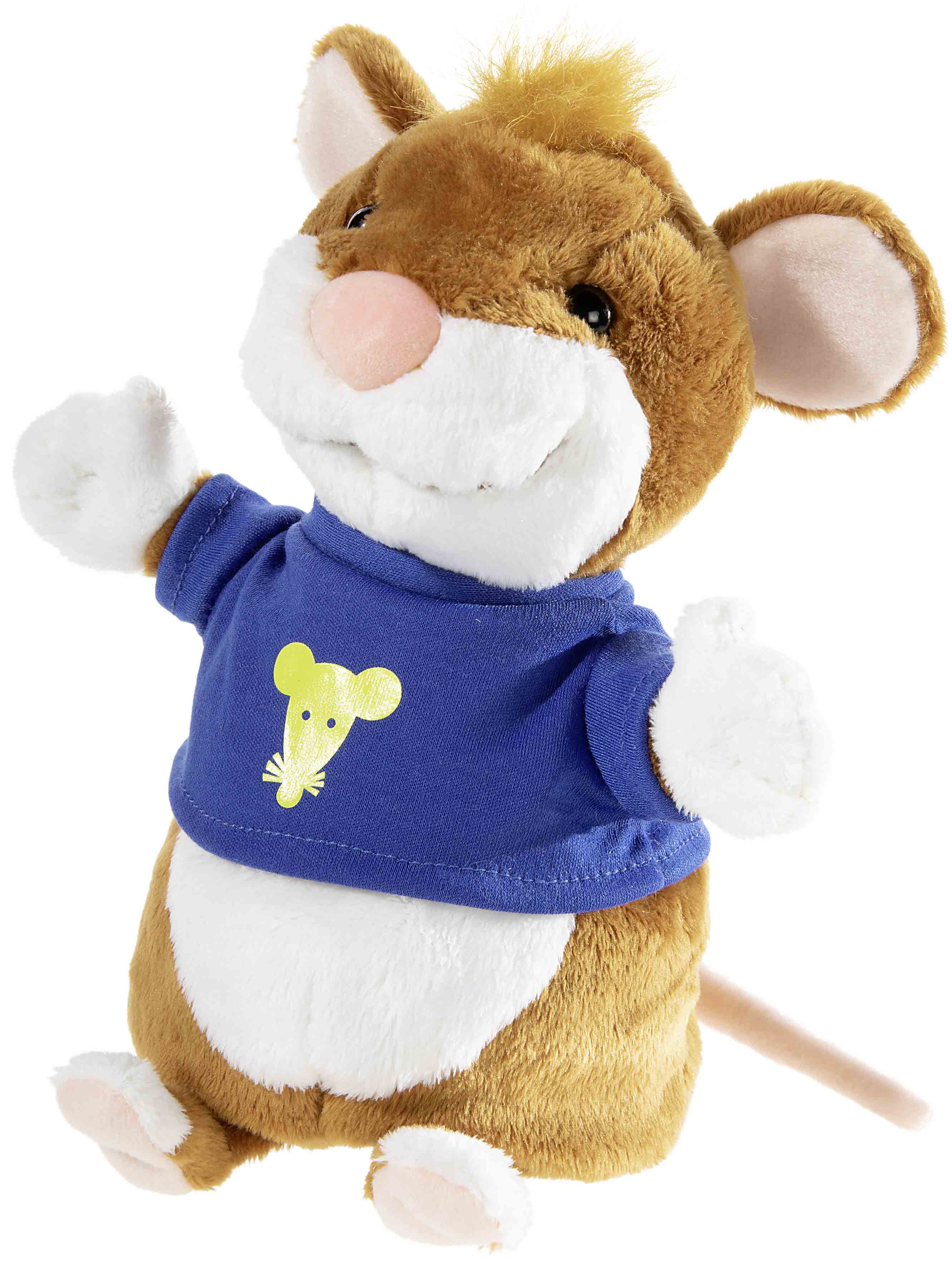 Plüsch-Hampelmann in blauem Shirt mit Maus-Design Niedliches Plüschtier in Form eines Hamsters mit blauem Shirt und gelbem Maus-Aufdruck, ideal für Kinder
