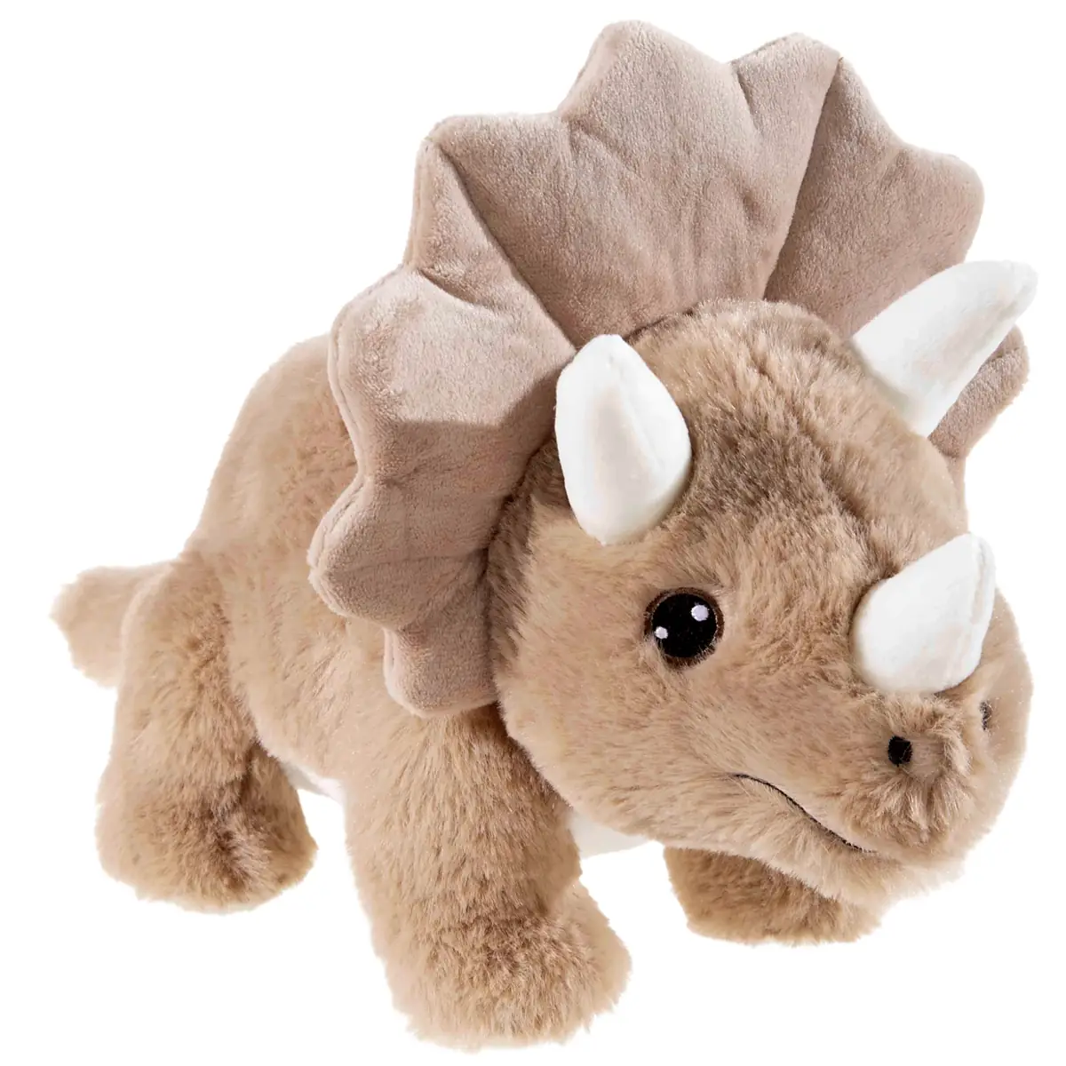 Hellbrauner, weicher Triceratops als 26 cm großes Plüschtier mit freundlichem Gesicht und Hörnern, ideal zum Kuscheln und Spielen, aus recyceltem Material gefertigt