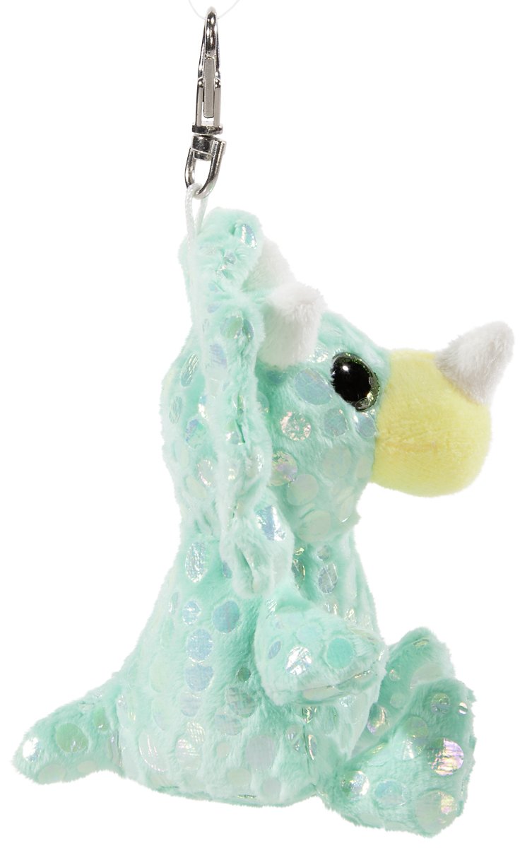 Türkiser Plüsch-Dinosaurier-Schlüsselanhänger mit glänzenden Akzenten und einem Karabinerhaken