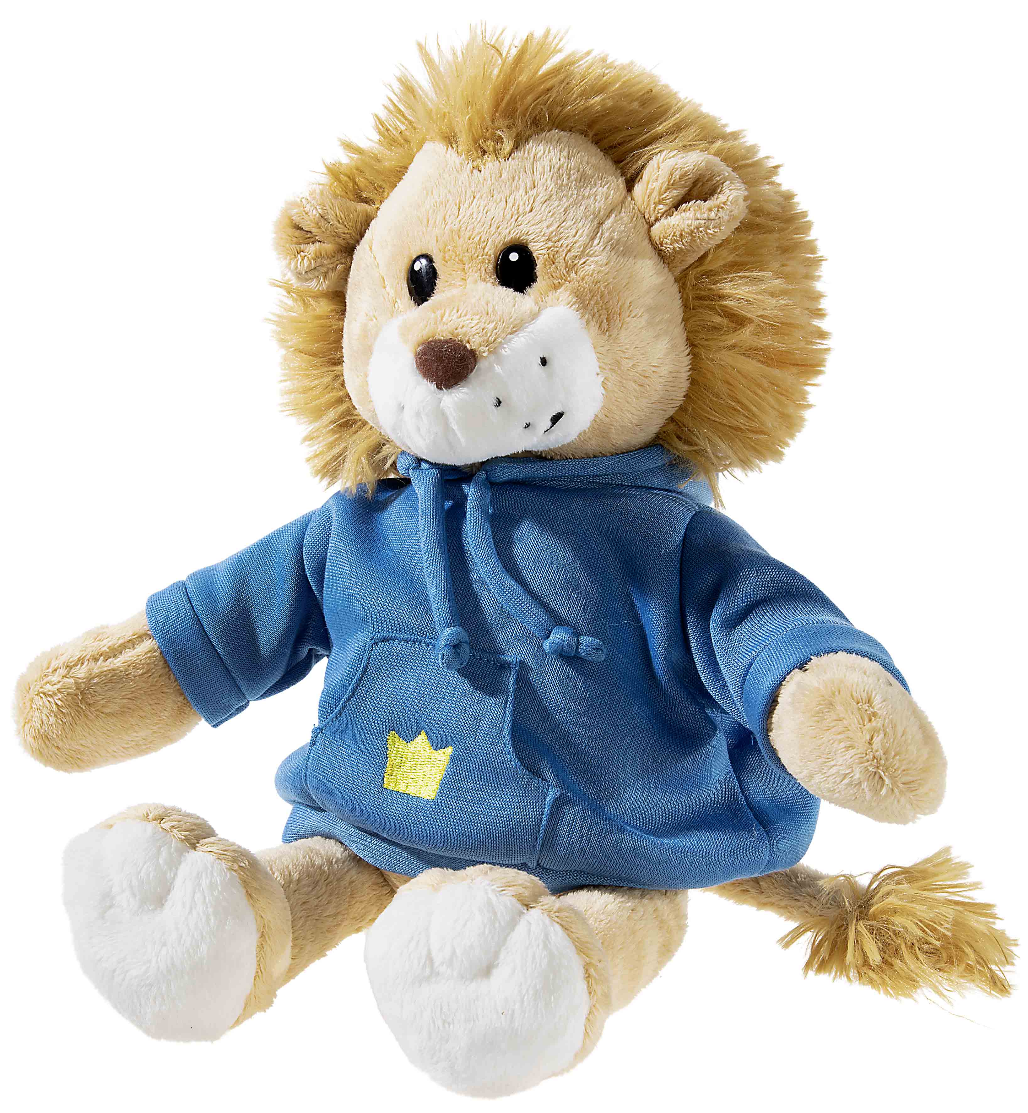 Plüschlöwe mit blauem Hoodie und Kronen-Emblem Plüschlöwe in blauem Hoodie mit gelbem Kronen-Emblem auf der Vorderseite, sitzt mit ausgestreckten Pfoten.