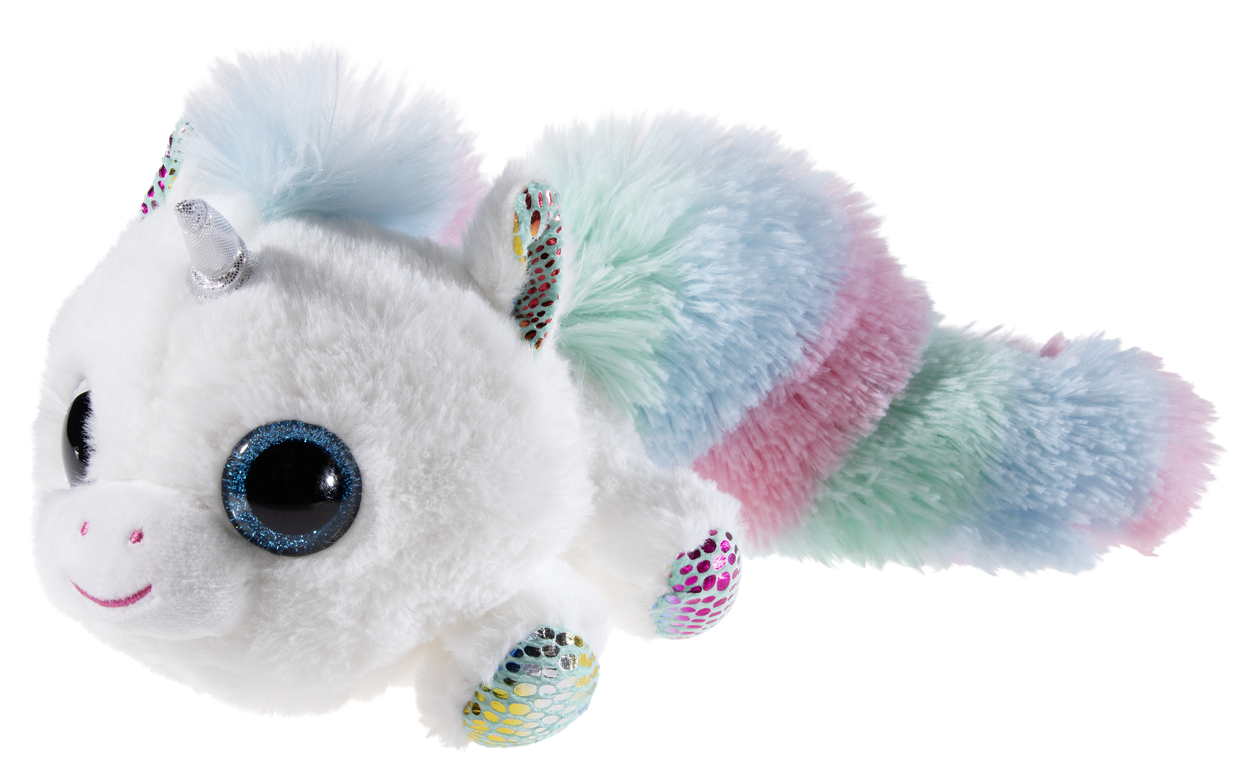 Plüschiges Einhornspielzeug mit buntem Schweif und großen, glitzernden Augen