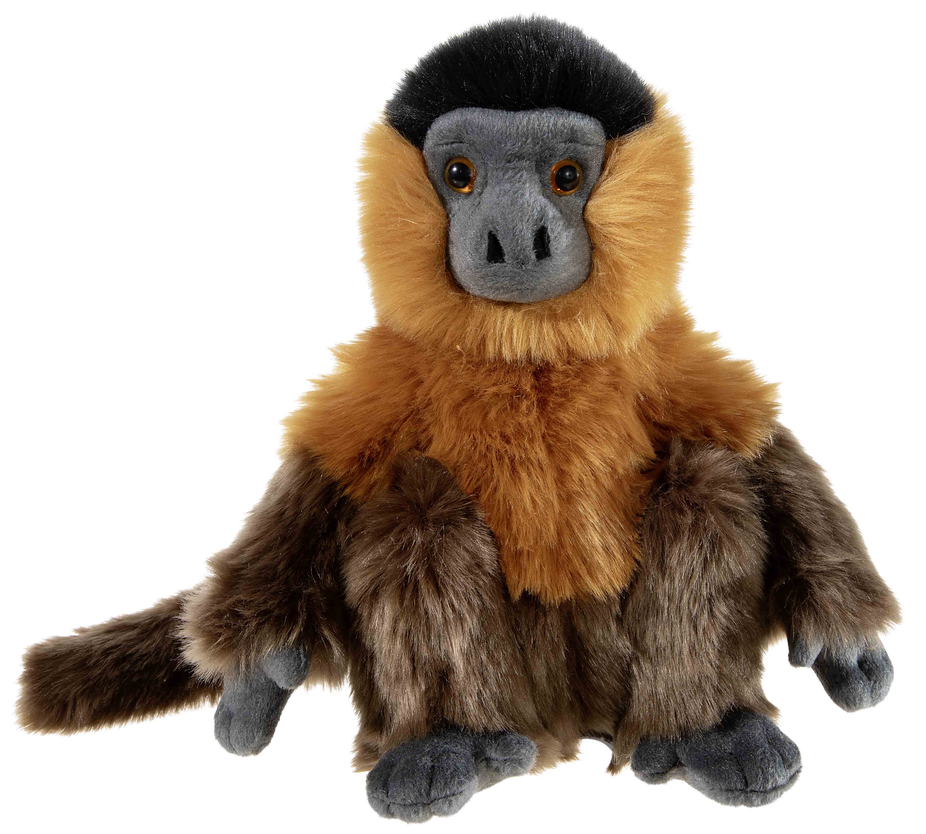Plüschfigur eines kleinen Affen mit braunem und schwarzem Fell Weicher Plüschaffe mit braunem Körper und schwarzem Kopf, ideal zum Kuscheln