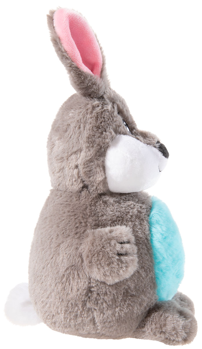 Graues Kuscheltier-Hase mit rosa Ohren und blauem Bauch