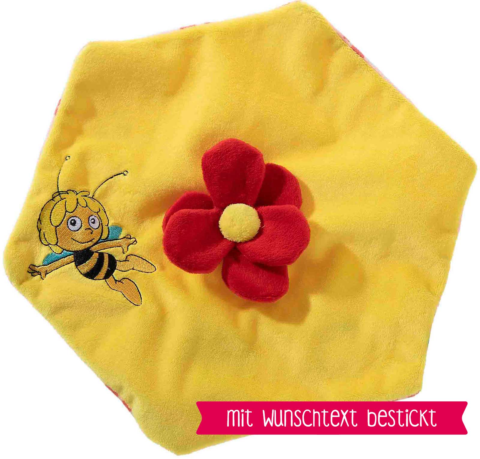 Gelbes Stofftierkissen mit roter Blume und Wunschtext-Stickerei Gelbes Kissen mit roter Blume und Biene-Motiv, individuell bestickbar