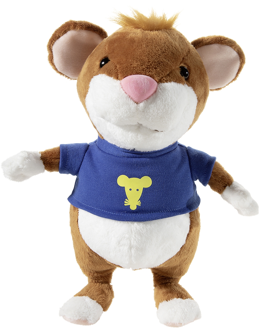 Plüsch-Hamster mit blauem T-Shirt und Mausmotiv Weiches Stofftier in Hamsterform mit blauem Shirt und gelbem Mausmotiv auf der Vorderseite