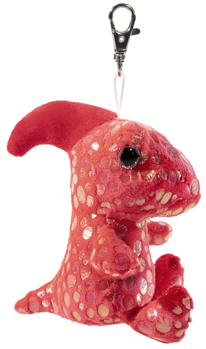 Roter Plüsch-Dinosaurier-Anhänger mit schimmernden Glitzerpunkten, der an einem Karabiner befestigt ist