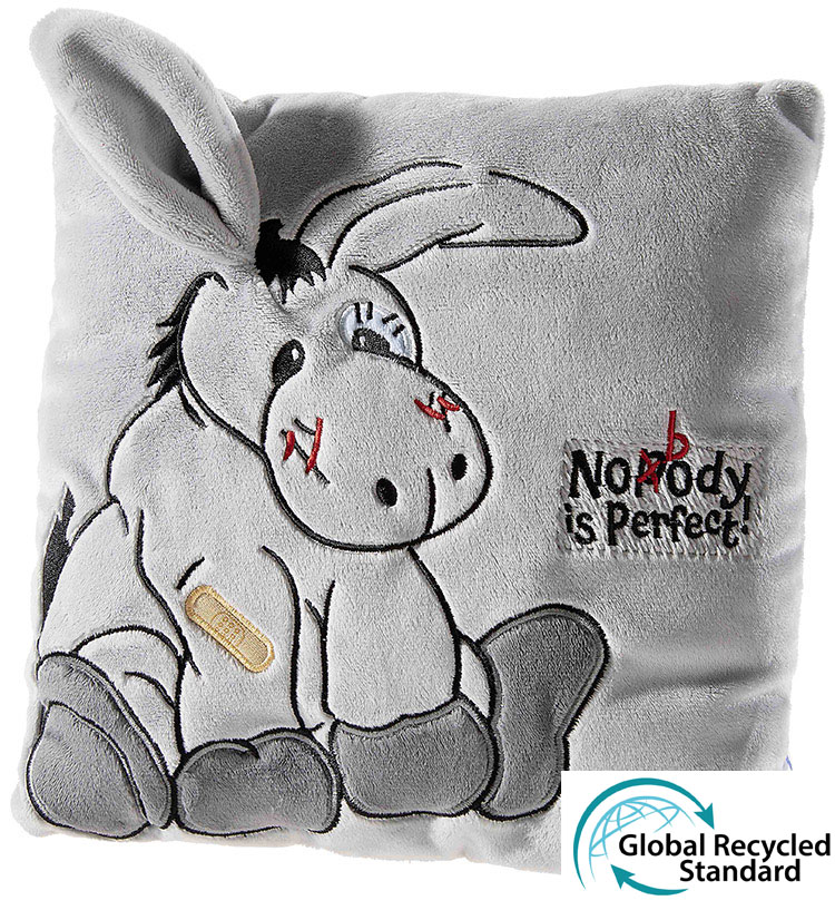 Kuschelkissen mit Esel und 'Nobody is Perfect'-Schriftzug Graues Kuschelkissen mit aufgesticktem Esel und dem Satz 'Nobody is Perfect', Global Recycled Standard zertifiziert