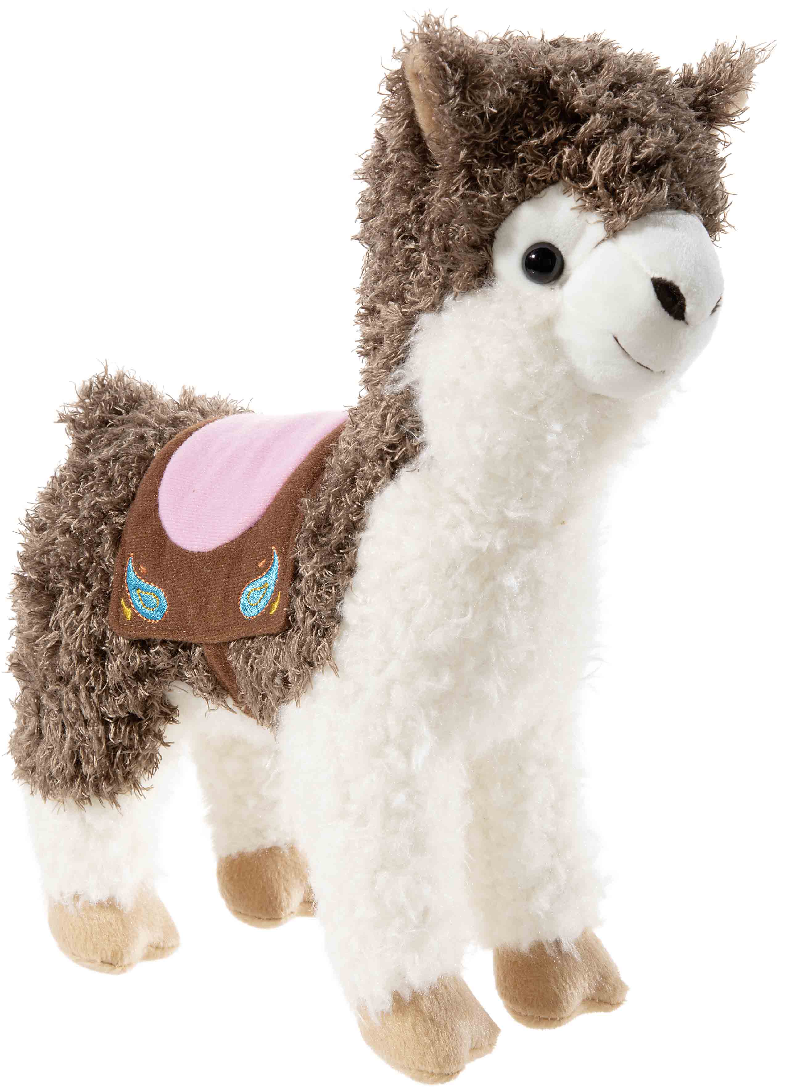 Plüsch Lama Spielzeug mit bunter Satteldecke Weiches Plüsch Lama mit brauner und weißer Fellfarbe, verziert mit einer bunten Satteldecke.