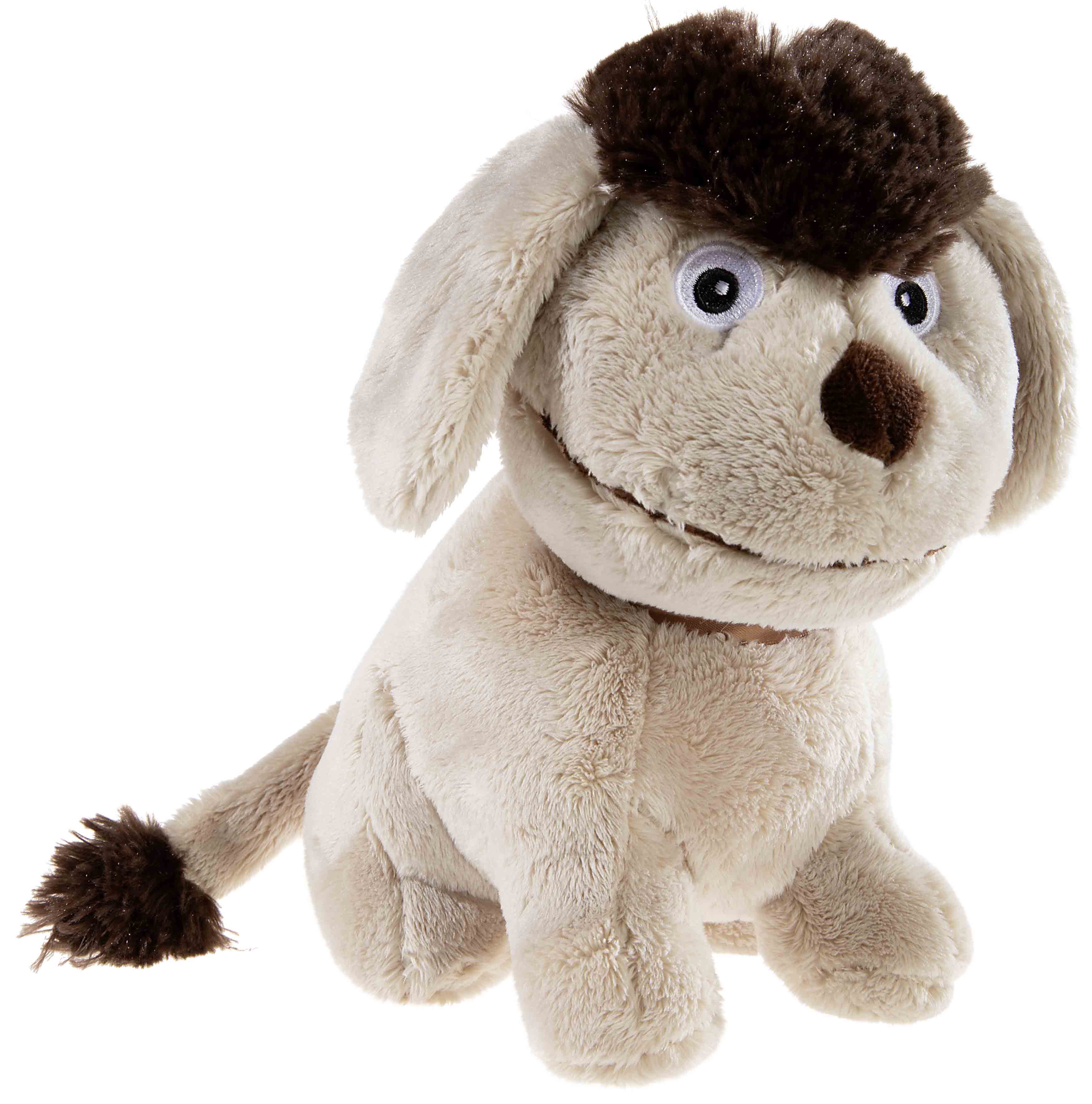 Plüschhund in sitzender Position, beige mit braunen Akzenten, ideal für Kinder zum Kuscheln