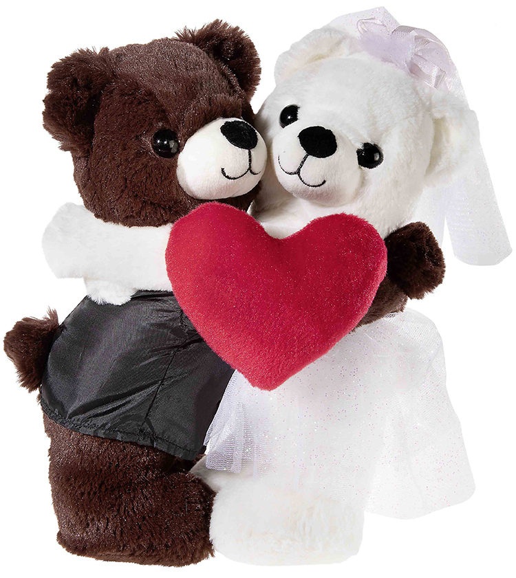 Kuschelige Hochzeitsbären mit Herz Zwei Plüschbären im Hochzeitsoutfit mit rotem Herz