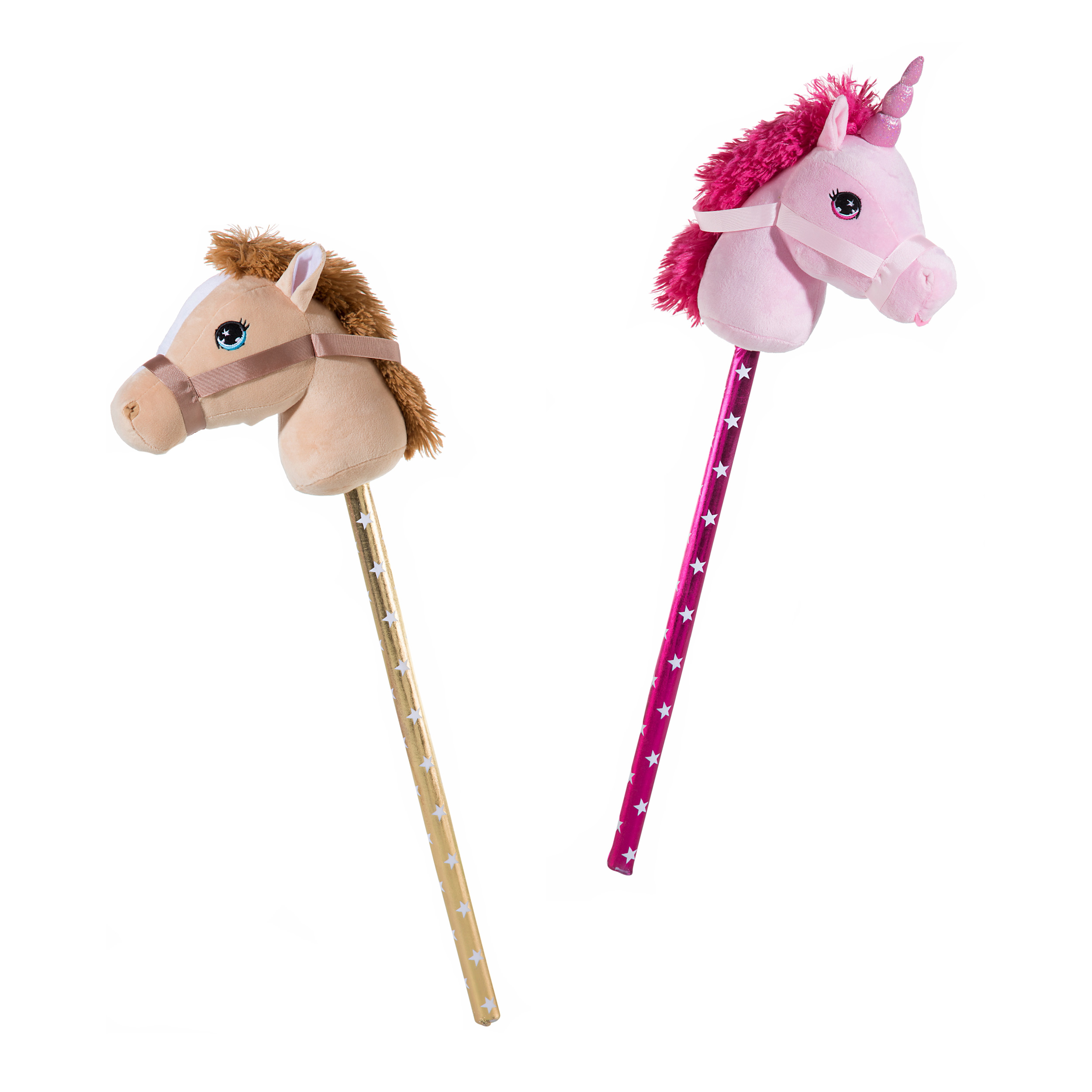 Steckenpferde im Bundle als 2er Set - 1 Einhorn-Stecken in pinkfabenden Plüschstoff mit Stecken in Pink, 1 braunes Steckenpferd mit braunem Plüsch und goldenem Stecken