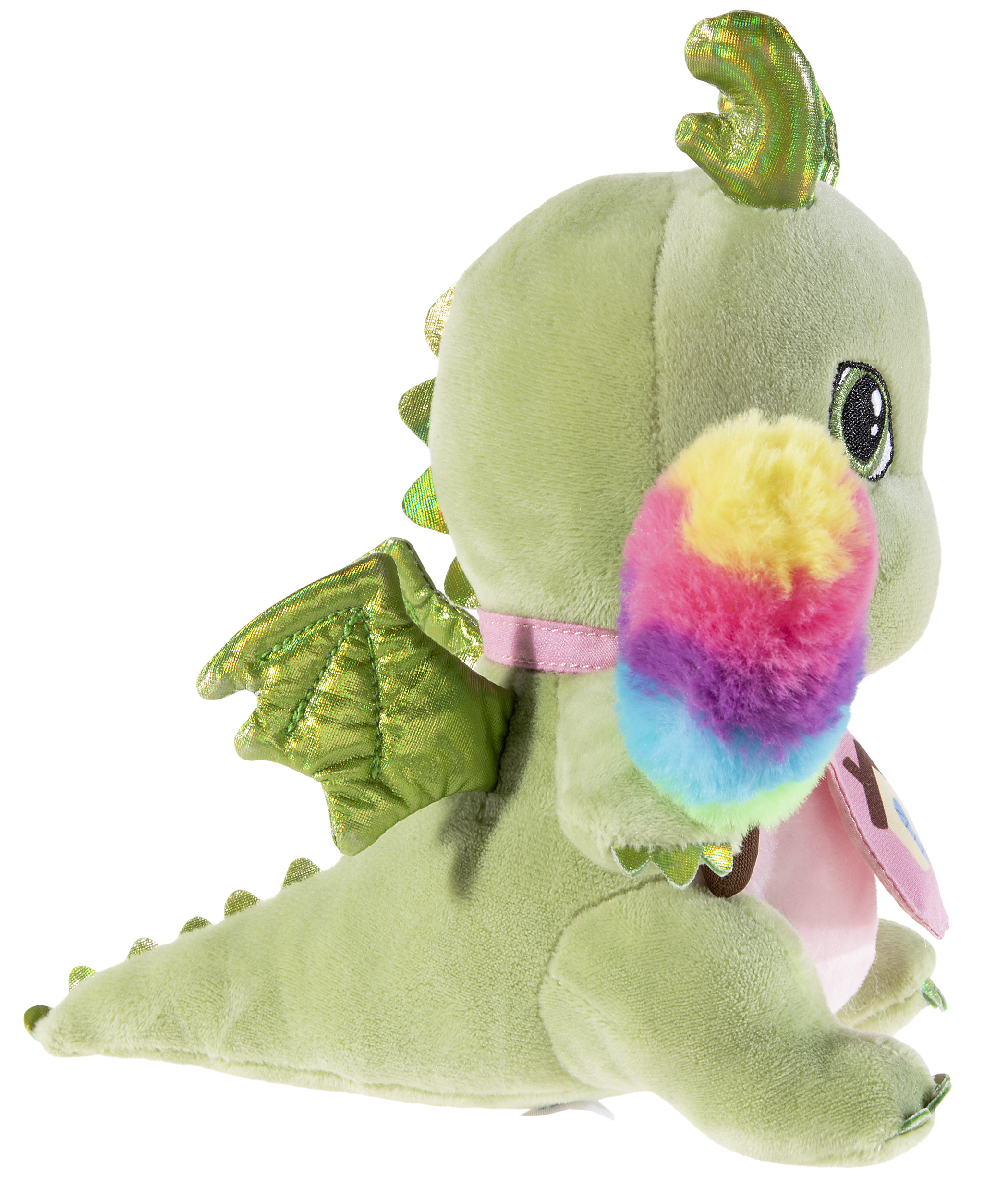 Kuscheliger Plüschdrache mit Regenbogenfarben und glänzenden Details Grüner Plüschdrache von der Seite mit buntem, flauschigem Ball und goldenen Flügeln