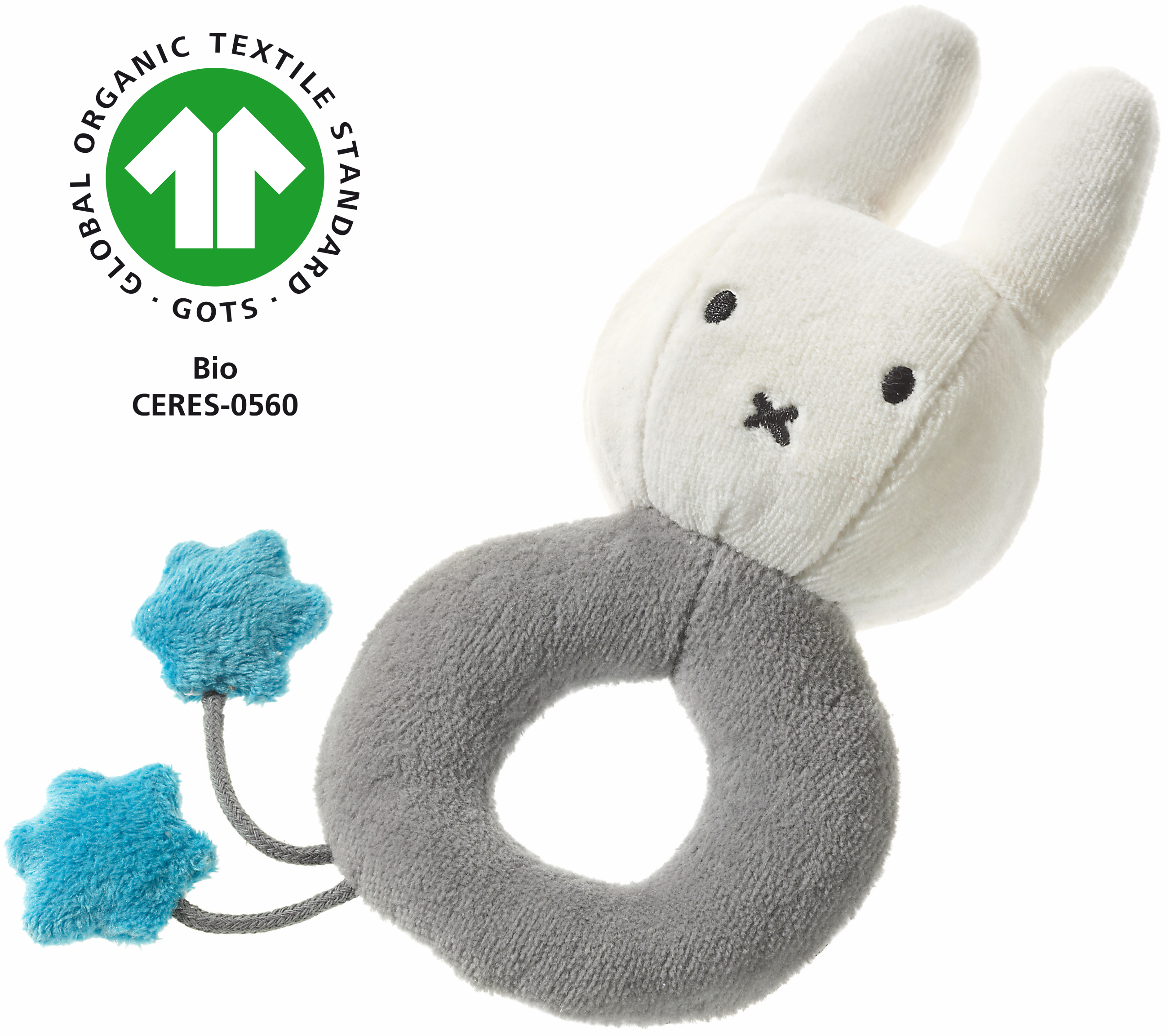 Heunec Miffy Greifling in grau-weiß-türkis und natürlich GOTS zertifiziert
