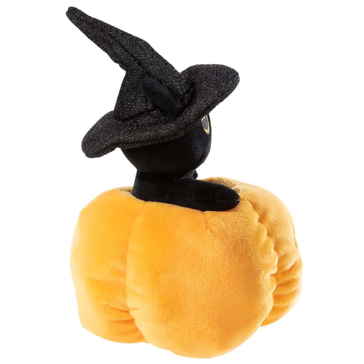 Halloween Plüschkatze im Kürbis 16 cm von heunec – weiches Kuscheltier mit schwarzer Katze, Hexenhut, gestickten Augen und orangefarbenem Kürbis, ideal zum Kuscheln, Spielen und als Halloween-Dekoration. - Seitliche Ansicht