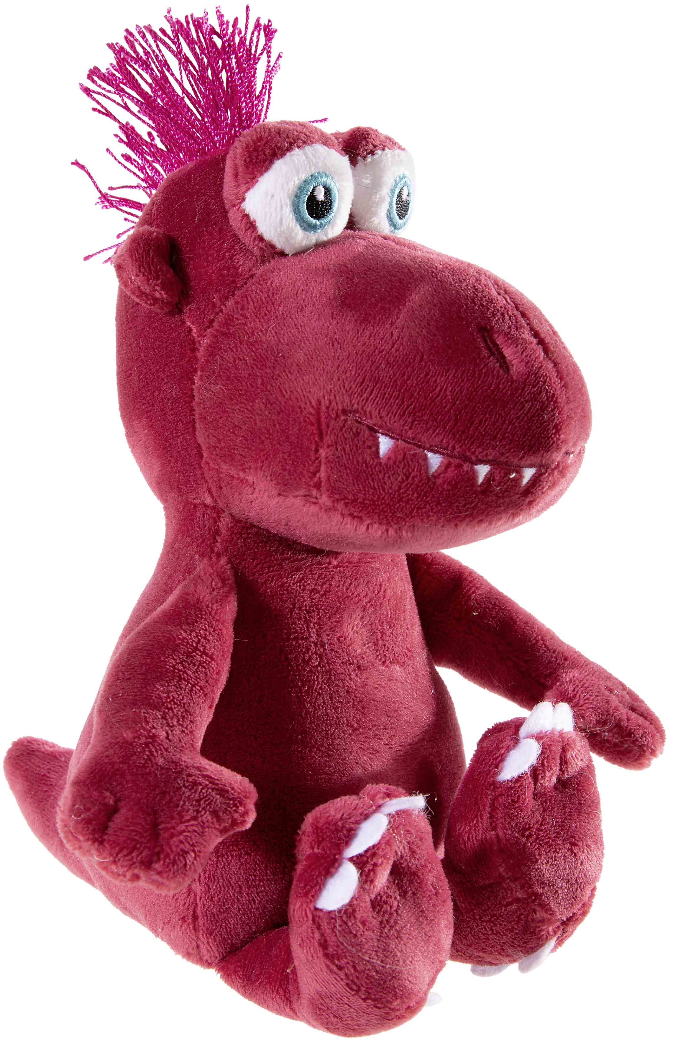 Rotes Kuscheltier in Dinosaurierform mit Global Recycled Standard Zertifikat