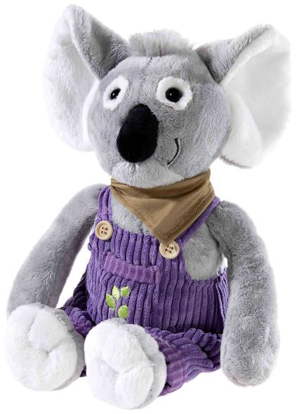 Kuscheliger Plüschkoala in lila Latzhose Weicher Plüschkoala in lila Latzhose mit niedlichem Gesichtsausdruck