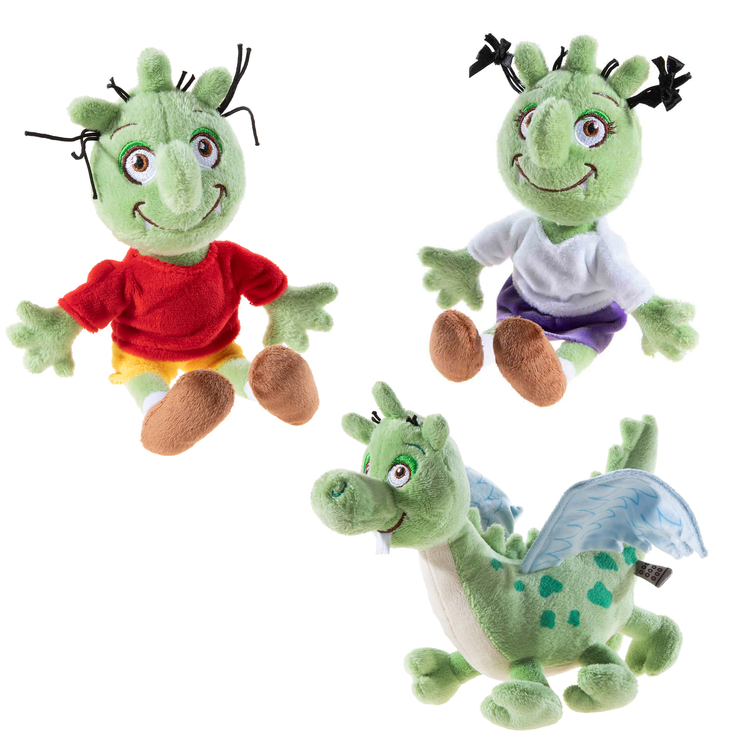 Plüsch Olchis als 3er Set bestehend aus: Messi - Das Müllmännchen, Motte - Das Müllmädchen, Feuerstuhl - der legendäre Drache