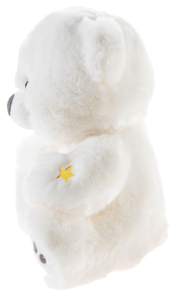 Seitenansicht eines weißen Plüsch-Teddybären, der ein goldenes Stern-Detail an der Vorderpfote trägt