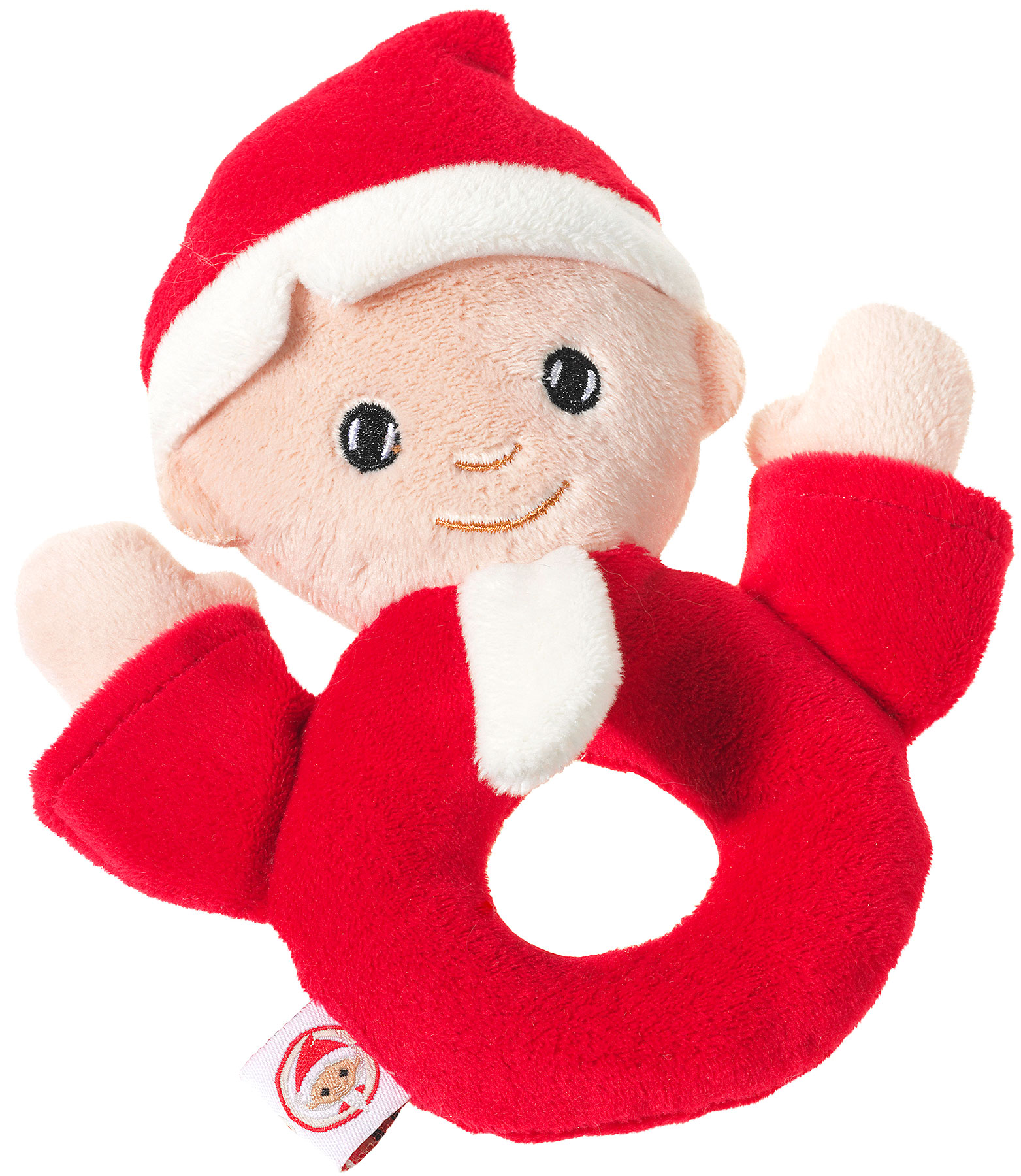 Kuscheliges Stoffspielzeug in Weihnachtsmannoptik Plüschspielzeug mit Weihnachtsmannmotiv und rotem Ring als Greifling