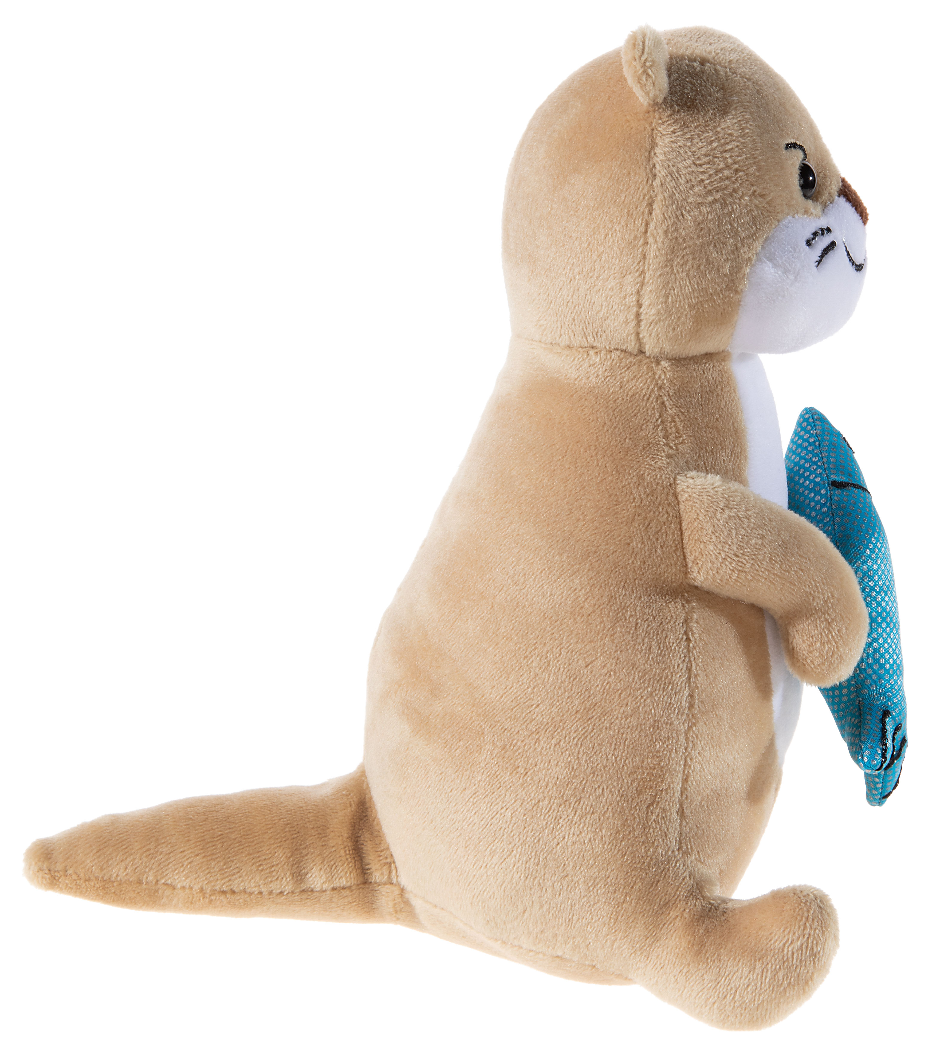 Seitenansicht eines weichen Otter-Plüschein mit blauem Stofffisch